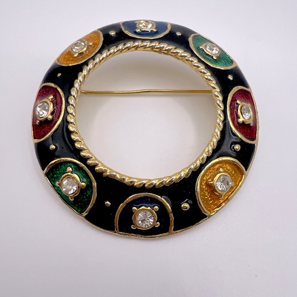 Vintage Colorful Enamel & Rhinestone Circle Brooch Pin - Picture 1 of 2